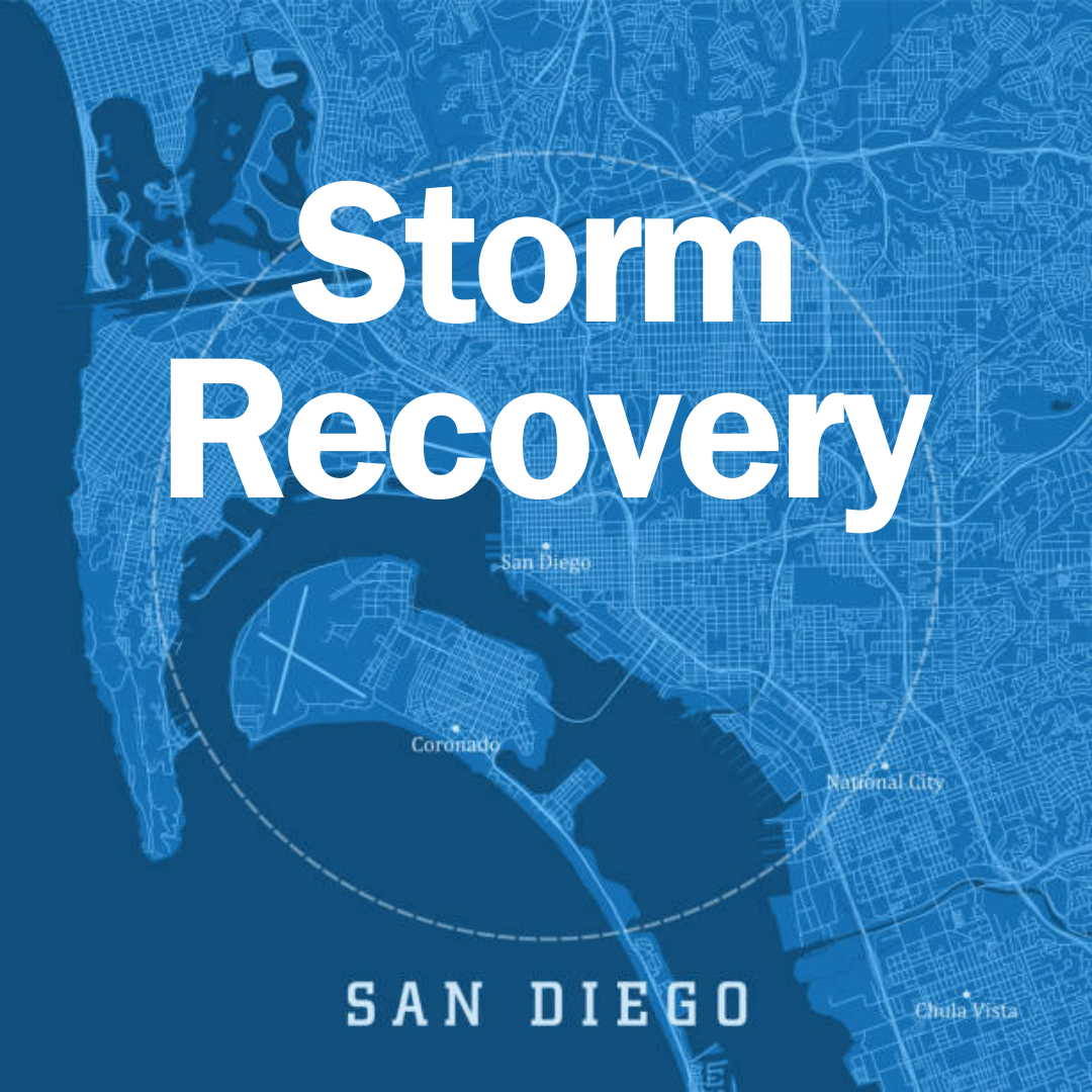 Map of San Diego in blue with words Storm Recovery across map