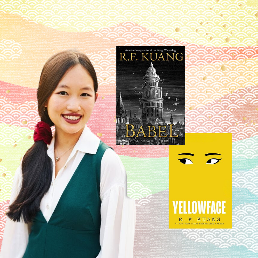 A photo of author Rebecca F. Kuang. The background is designed with a mixture of pastel colors and book covers of ”Babel” and ”Yellowface”.