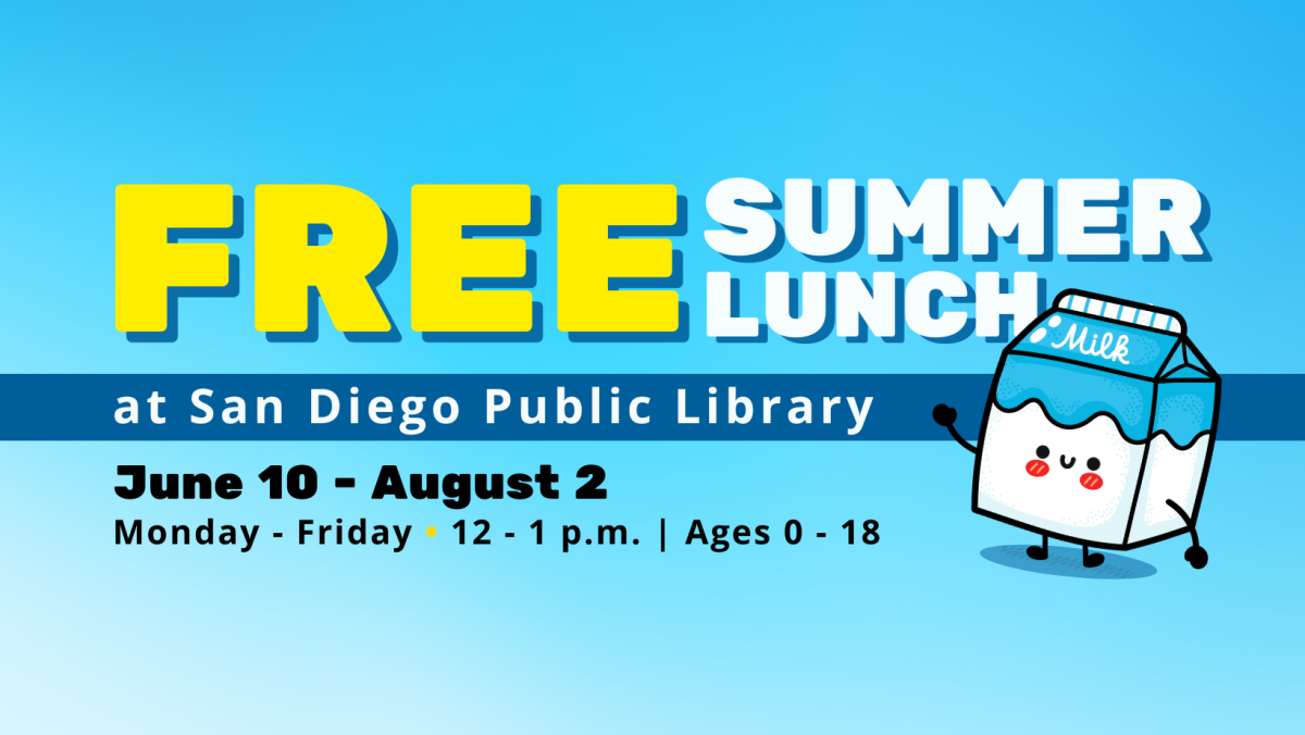 Blue tile with cartoon milk carton advertising Free Summer Lunch at San Diego Public Libraries