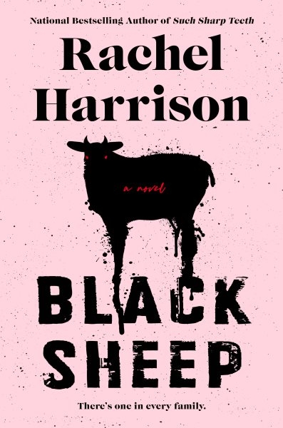 pink book cover with black writing "Black Sheep" by Rachel Harrison with a silhouette of a sheep.