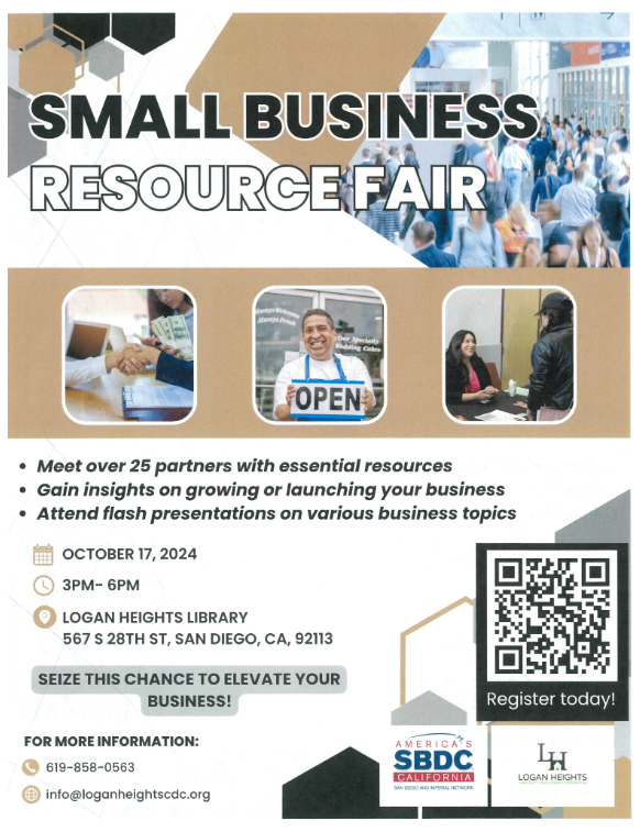 English flyer - Logan Heights CDC Small Resource Fair on October 17 from 3-5 pm at Logan Heights Library