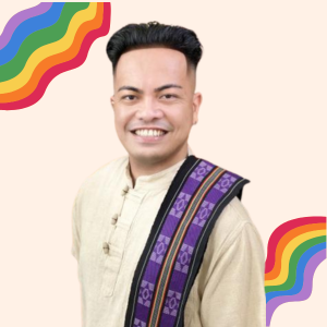 Square Image on a solid cream background squiggly rainbows are in each corner. A professor's is wearing a traditional white Filipino shirt and purple scarf with a design, under them is a blue and red design and yellow sun to represent the Phillippines.