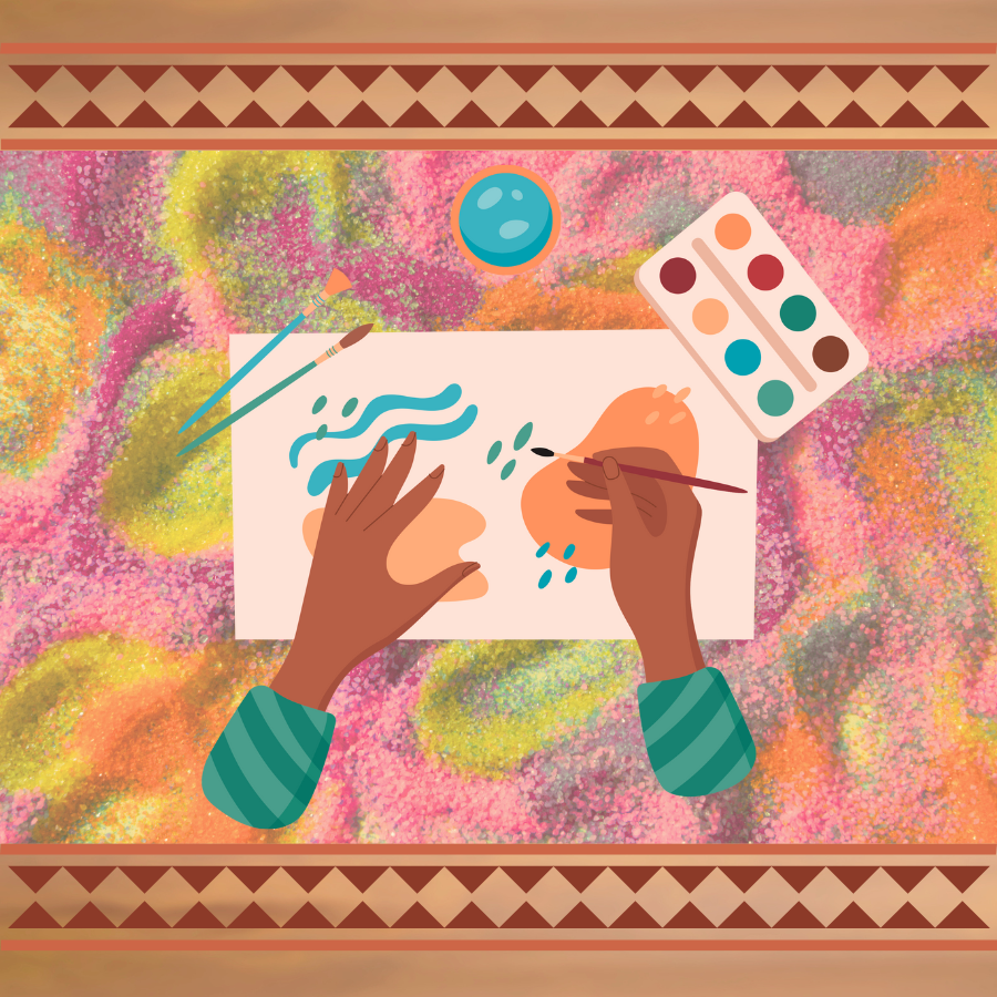 A pair of children’s hands hold a painting brush above a paper with dots and squiggles. Watercolor paint, two brushes and a small container of water surround the artwork. A double row of umber triangles serve as a border at the top and bottom of the image. Multicolor sand is displayed on the background.