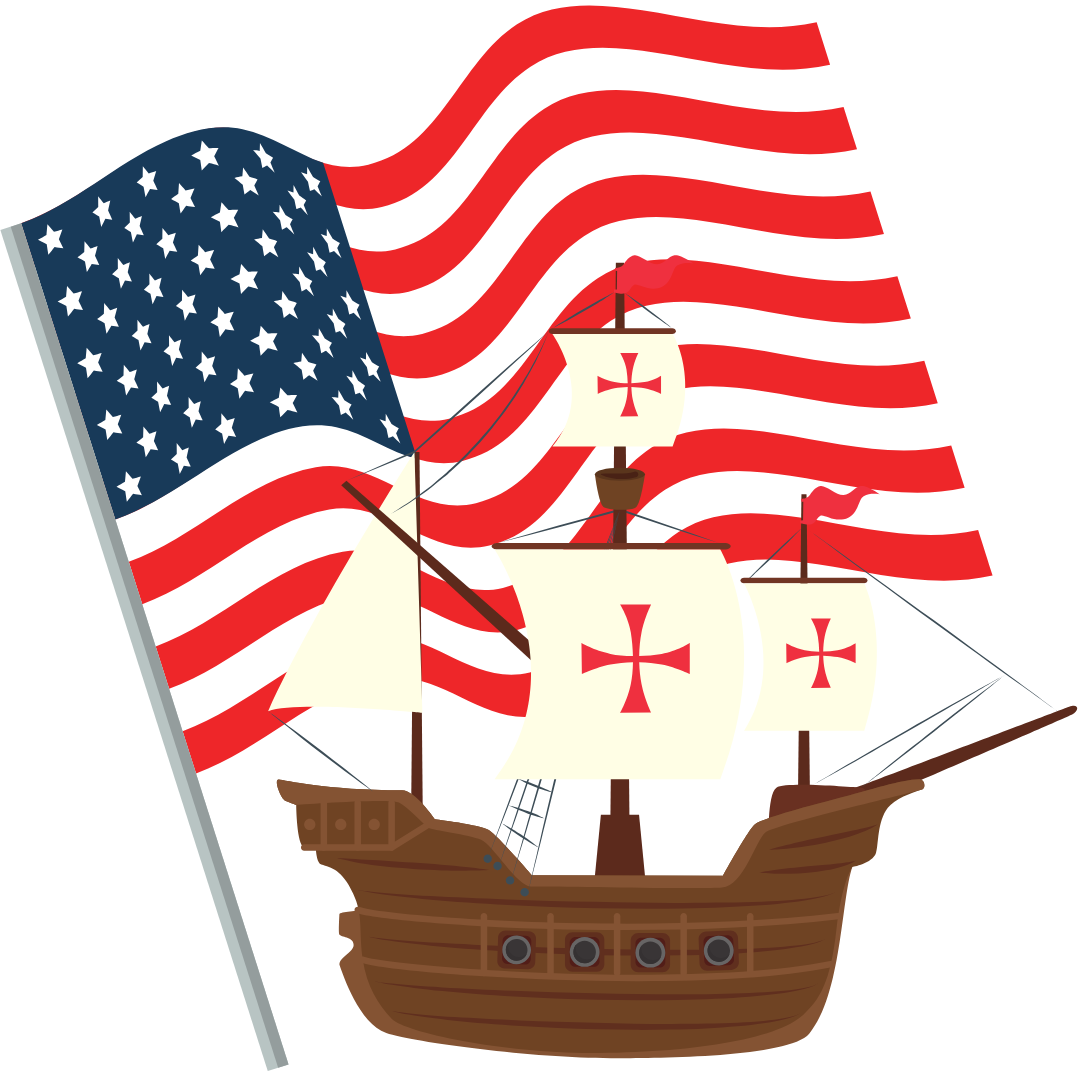 Illustration of an old ship with large white sails decorated with red crosses in front of an American flag background