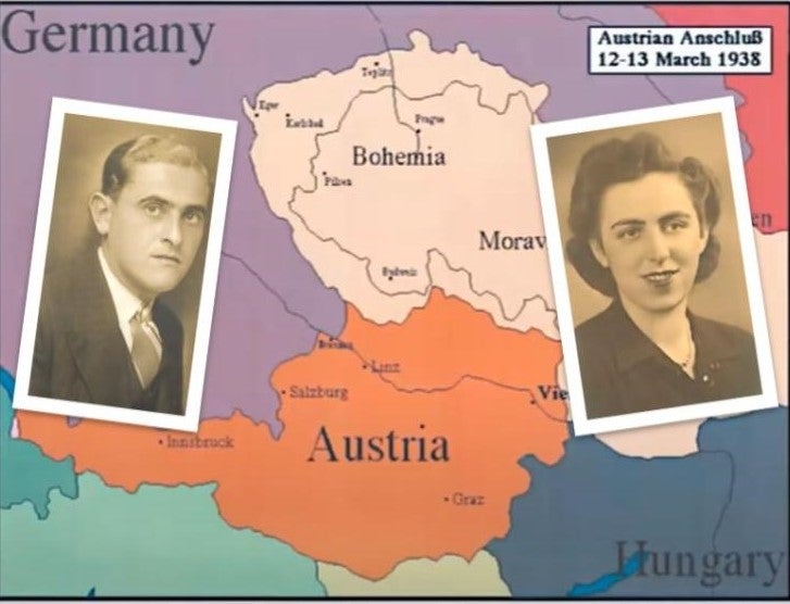 Map of Germany, Austria, and Hungary in purple, orange, and dark blue with old sepia photographs of a man and woman