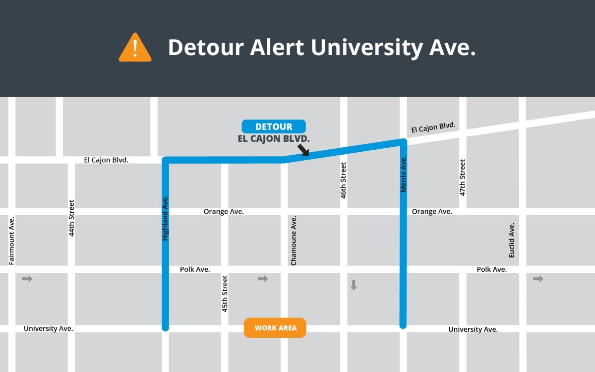 Map of detour on University Avenue near Chamoune Avenue