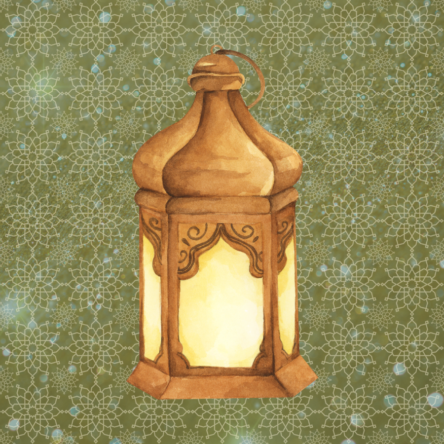 During Ramadan, Muslims are encouraged to fast, give to charity, and pray. Lanterns are symbolic of the light at the end of a dark road. A lantern is centered in a dark green geometric pattern speckled with gold stars.