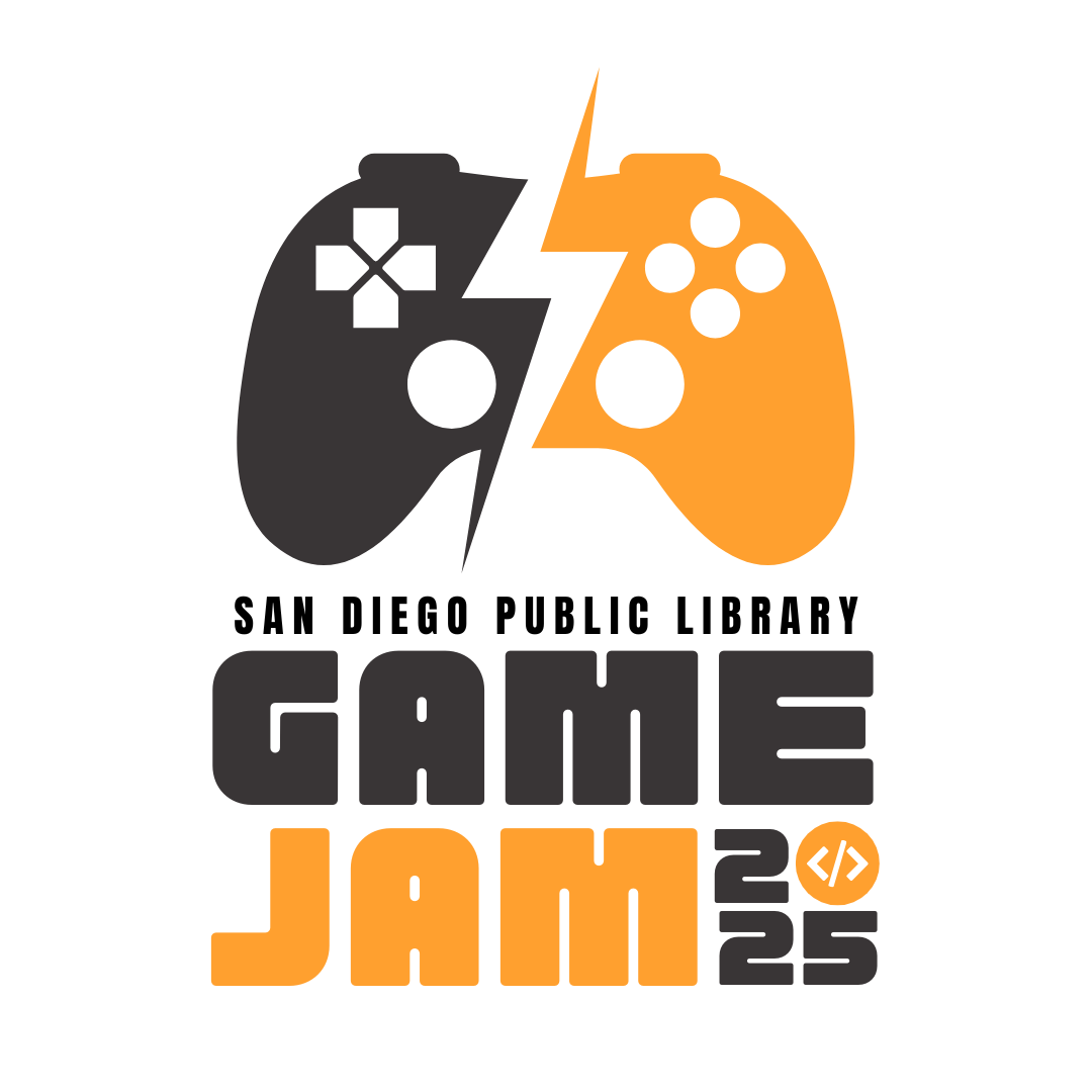 Image is of 2025 Game Jam Logo that includes a black and orange video game controller with a white lightning bolt down the middle with black and orange letters.