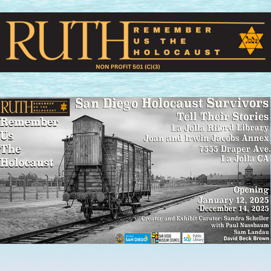 Remember Us The Holocaust logo is pictured above a promotional flyer for the RUTH exhibit, running from Jan. 12 - Dec. 14, 2025. A single train car is photographed in black and white.