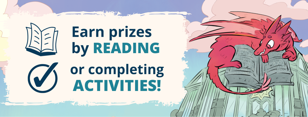 Illustrated graphic of a library curled up around a stone book on top of a building. Book icon: earn prizes by reading. Check icon: or completing activities 