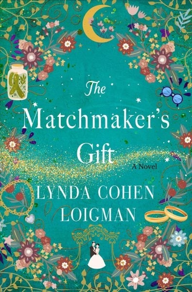 The title, "The Matchmaker's Gift," as well as the author's name are in white font on a blue background with a floral border. At the bottom of the cover are the figures of a bride and groom