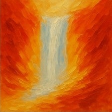 Waterfall surrounded by red and orange cliffs in impressionistic art style.