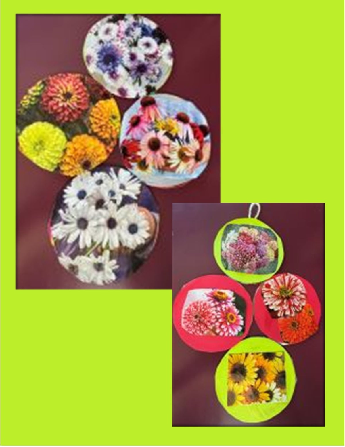 Circular wall hangings decorated with images of colorful flowers.