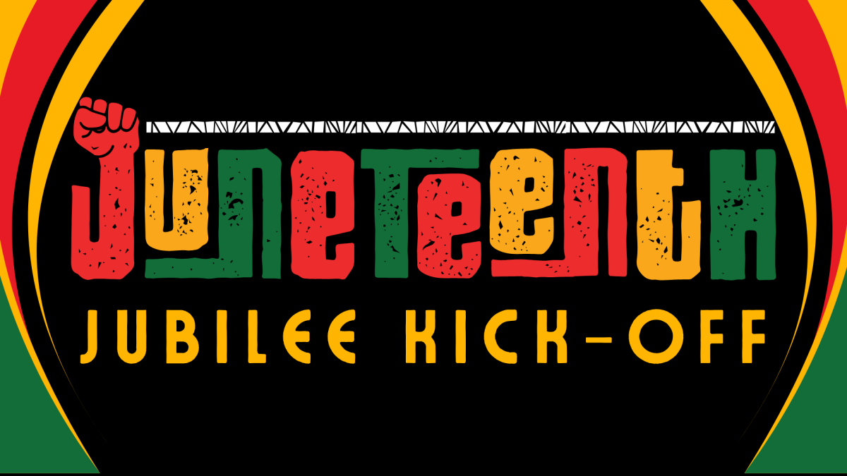 Black rectangle with green, yellow, and red waves on the left and right side. Celebrate Freedom Day with “Juneteenth” underneath in bold, red, yellow, and green colors. A fist comes out of the J. Text: Jubilee Kick-Off continues underneath.