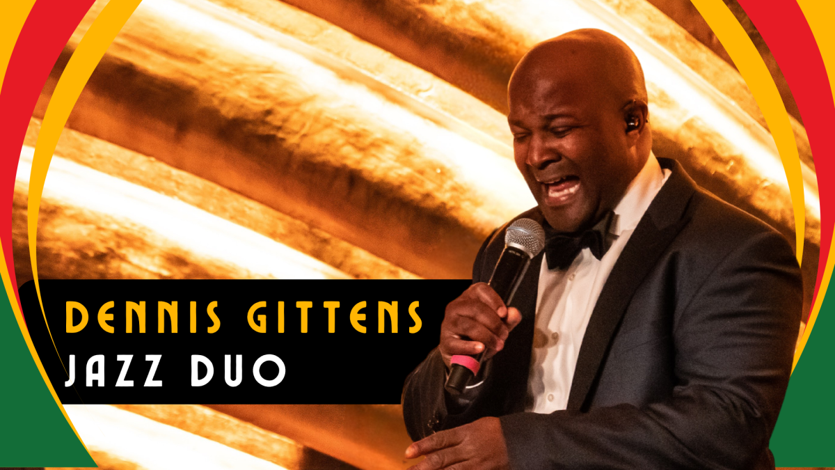 Photo of a man in a suit singing into a microphone with a golden background. Text: Dennis Gittens Jazz Duo