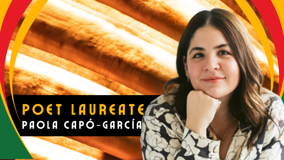 Poet Laureate Paolo Capó-García smiles at the camera with her hand under her chin while wearing a floral shirt with a golden background. Image text states her name.