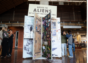 Large art book installation for the exhibit Civil Liberties: Language of Silencing. The art is displayed in the lobby of San Diego Central Library.