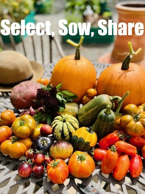 Vegetables on a table with the words Select, Sow, Share in text.