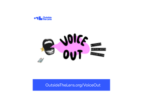 Cut out photo of an open mouth on a white background. Words Voice Out on pink word bubble. The words, a youth media arts exhibition are emitting from word bubble.