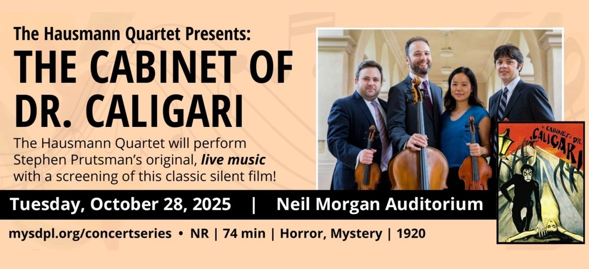 Photo of the Hausmann Quartet behind a poster of the film "The Cabinet of Dr. Caligari"