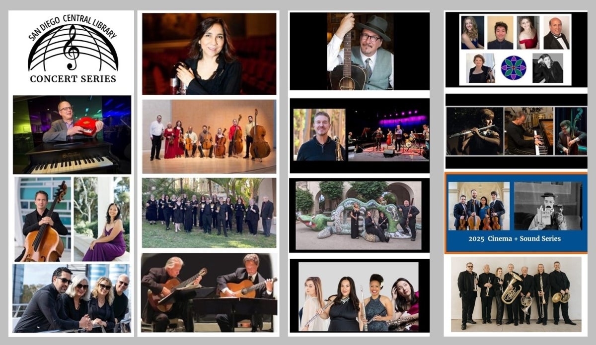 A 4 by 4 grid collage of 15 different musical performance groups with the San Diego Central Library concert series logo on the top right hand corner.