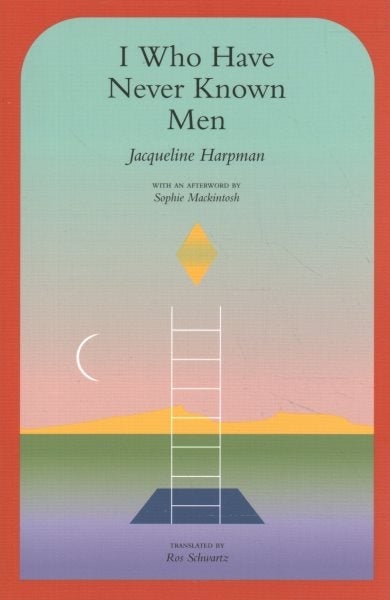 the minimalist cover depicts a white ladder extending from a blue rectangular hole below to a yellow diamond above, with a slim white crescent moon in the sky and a yellow outline of a mountain range in the background. The title and author’s name are in black text.
