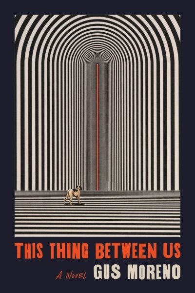 Book cover features a dog barking at a large orange obelisk radiating black and white lines, with the title in orange font and the author’s name in white font under the image, all against a dark blue background.