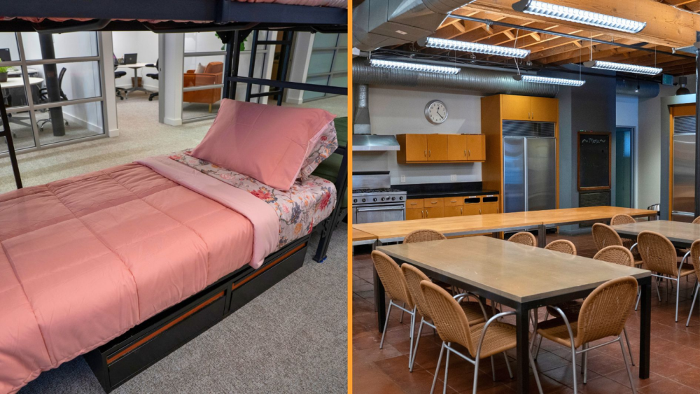 A bed inside the Rachel's Promise Center for Women and Children (left), tables and chairs pictured inside the dining area at the Rachel's Promise Center for Women and Children (right).