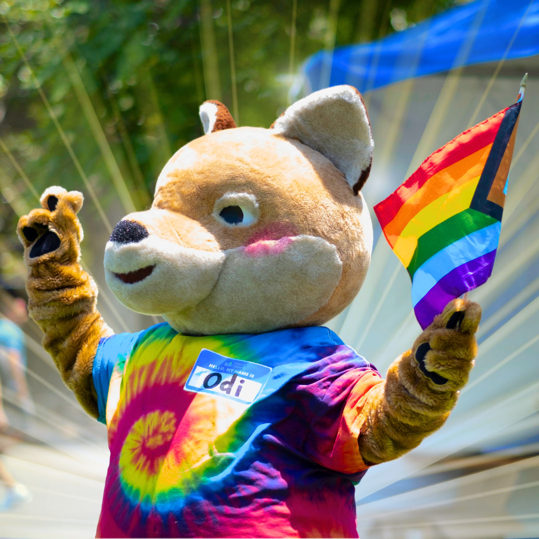 ODI the Coyote is wearing a rainbow tie-dye shirt and holding a pride progress flag.