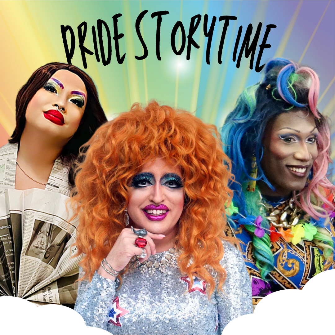 3 queens in colorful costumes are sitting on white clouds on a rainbow background with rays of light
