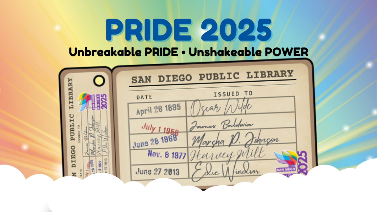 A San Diego Public Library Card designed like a vintage Library Book Card with dates listed next to Oscar Wilde, James Baldwin, Marsha P. Johnson, Harvey Milk, and Edie Windsor overlayed atop a rainbow background with rays of light. 