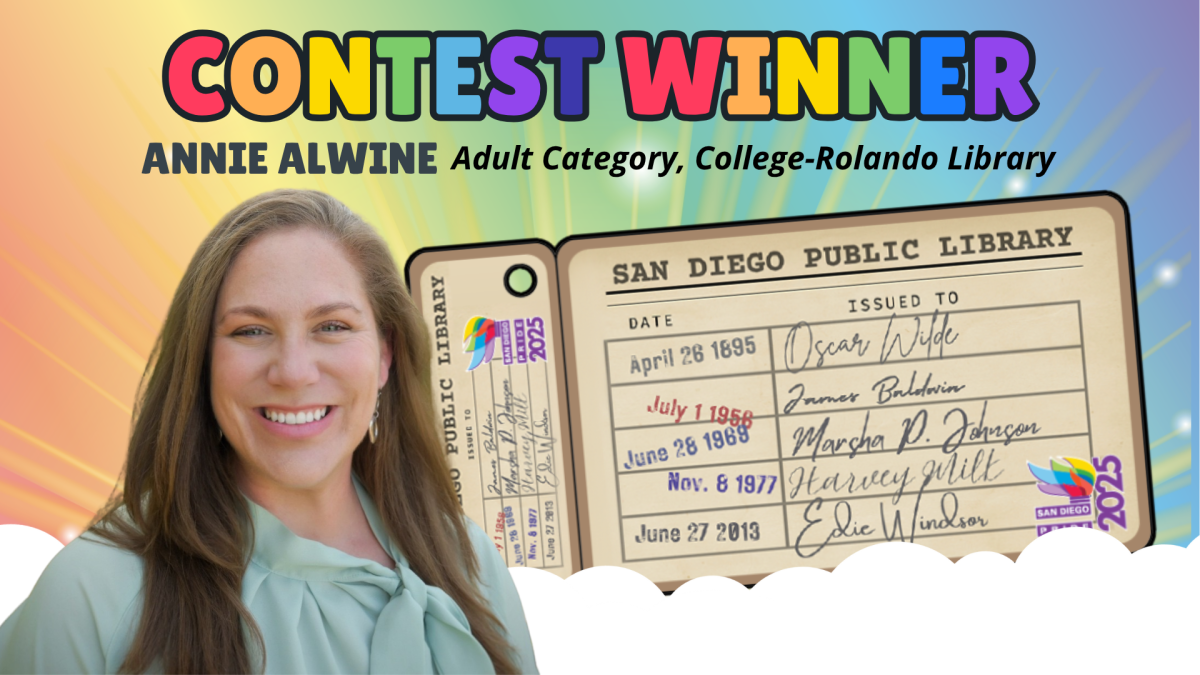 A San Diego Public Library Card designed like a vintage Library Book Card with dates listed next to Oscar Wilde, James Baldwin, Marsha P. Johnson, Harvey Milk, and Edie Windsor overlayed atop a rainbow background with rays of light. A photo of a smiling woman with long hair.
