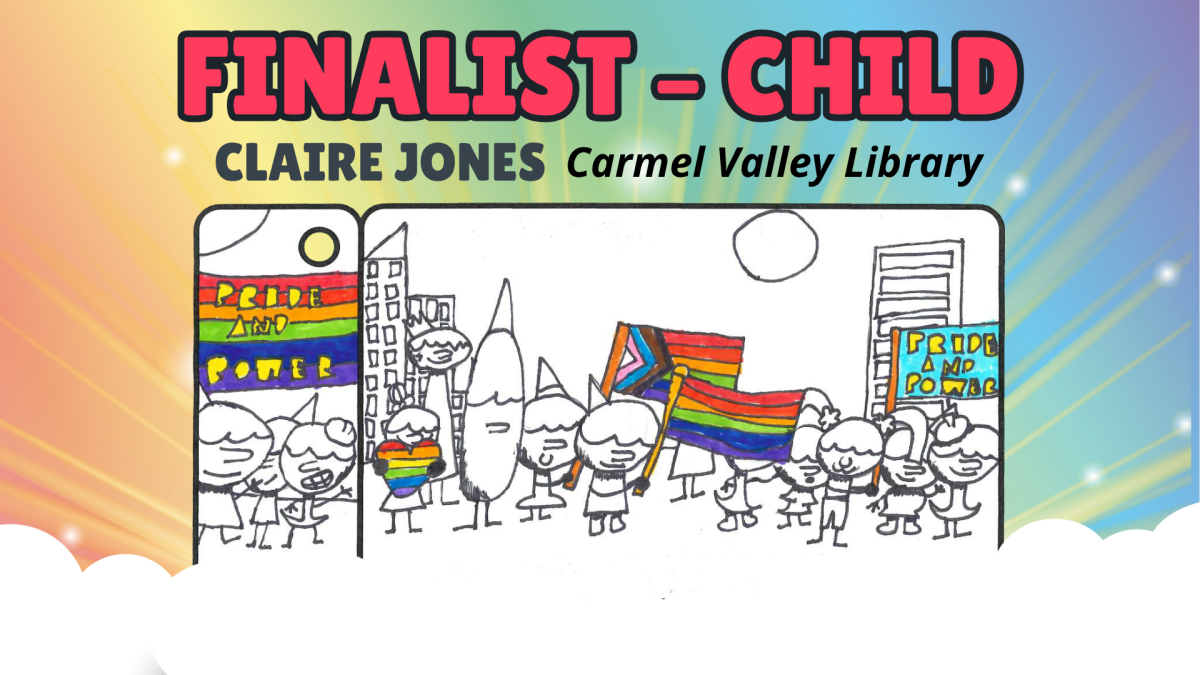 A library card design is laid over a rainbow background with rays of light. Black marker on white paper with illustrated people gathered together in the city. They hold brightly colored pride flags. One rainbow flag has text that says,”Pride and Power.”
