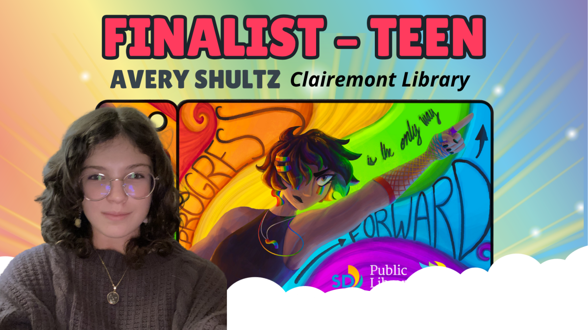 A digitally-illustrated library card design is laid over a rainbow background with rays of light and features an androgynous protestor raising their hand and pointing. A background with the words “Progress is the only way Forward”  written on vivid ribbons colored like a rainbow. Photo of young teen wearing glasses and smiling at the camera.