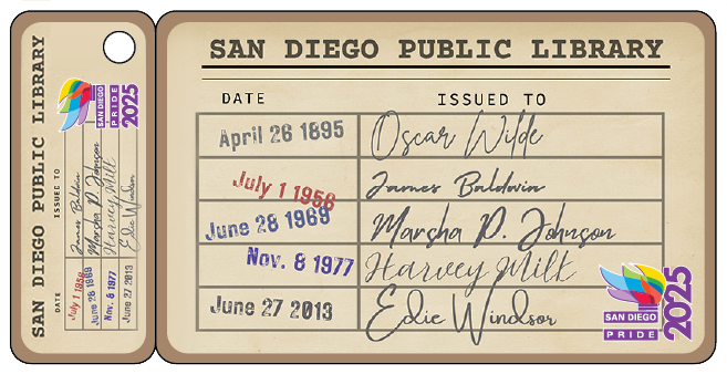 A San Diego Public Library Card designed like a vintage Library Book Card with dates listed next to Oscar Wilde, James Baldwin, Marsha P. Johnson, Harvey Milk,  and Edie Windsor overlayed atop a rainbow background with rays of light. The bottom right corner displays the San Diego Pride logo with the year 2025.