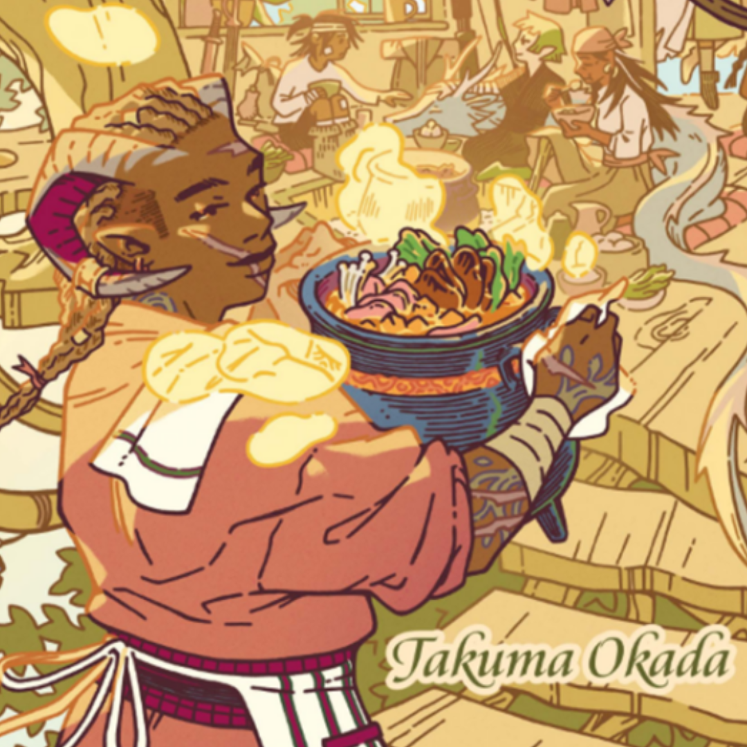 Front cover of the graphic novel Stewpot by Takuma Okada, featuring a fantasy character with horns holding a large cauldron of soup.
