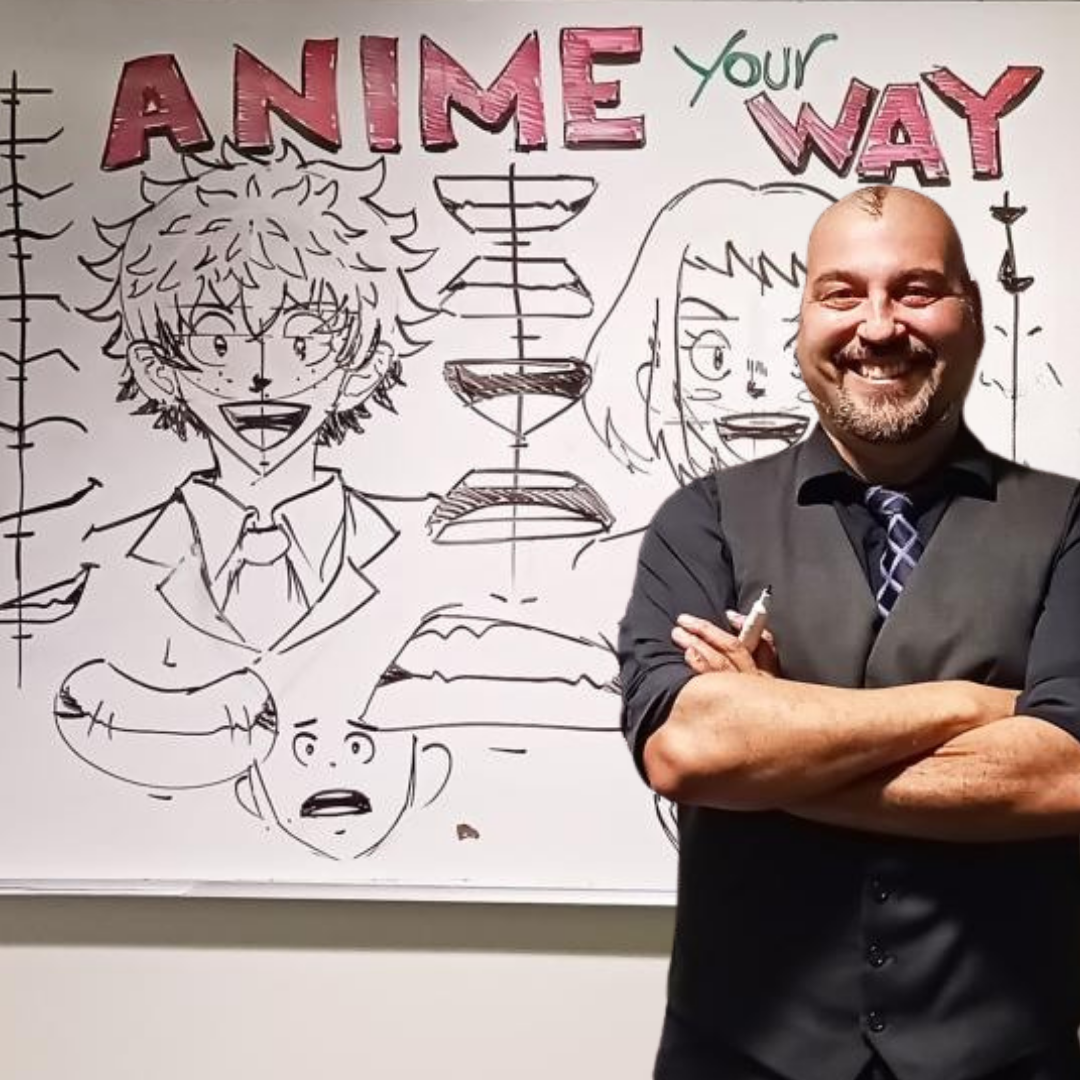 Artist standing in front of a white board with anime characters drawn on and the words “Anime Your Way.”