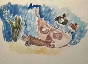 Painting of a pirate ship and a marine animal. Artist Cara Rodriguez