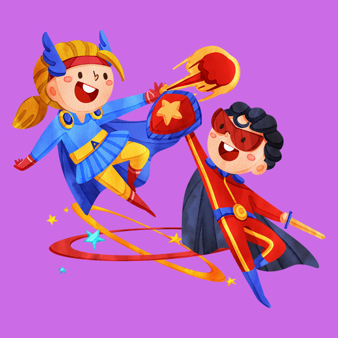 Digital illustration of two kids dressed as superheroes having fun.