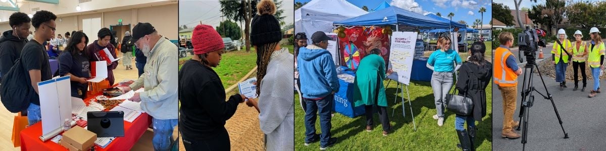 Four photos. Youth interacting with a booth at a career fair, a person canvassing, people at a pop-up event booth, and a group filming a TV interview.
