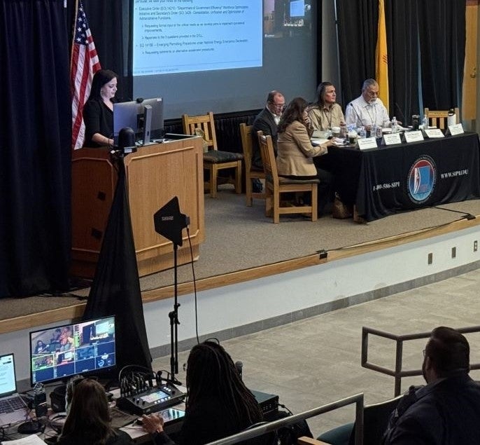 A group of four people sit at a table on a stage, in front of a hybrid presentation and web-based meeting. A speaker stands behind a podium with a monitor. Two people at the bottom left of the photo look at screen and manage the technology for the meeting.