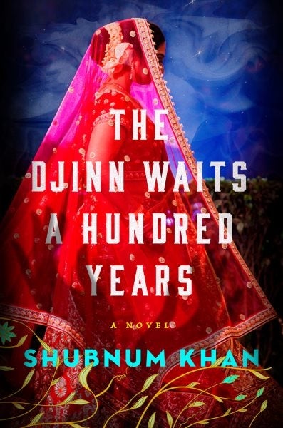 The cover features a woman partially concealed behind a red veil in the foreground. Designs like yellow vines with green leaves decorate the lower part of the cover, and the upper part of the cover features a blue misty background. The title is superimposed on the image of the woman, with the author’s name below.