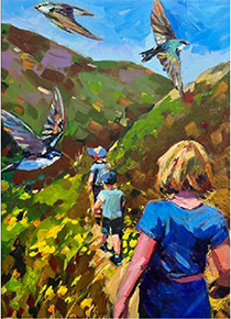 Painting with children and swallows. Artist Laura Green.