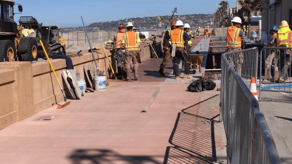 Construction workers on boardwalk
