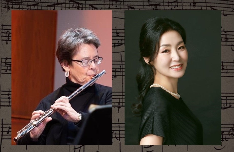 Side by side publicity photos of Ann Erwin playing the flute and pianist Cho-Hyun Park with music score background