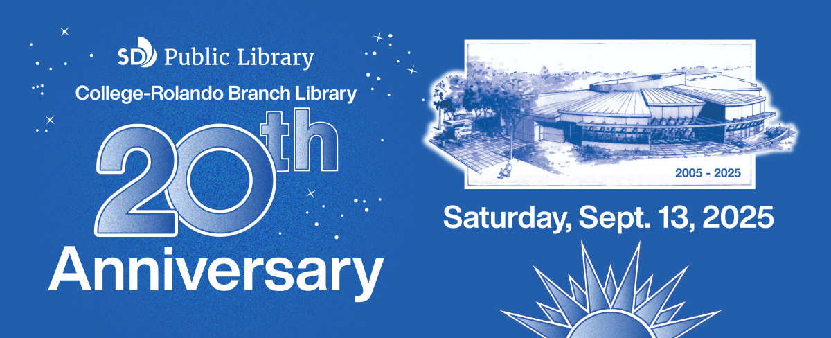 Blue and white banner with a photo of the college rolando library and text reading 20th anniversary Saturday September 13 2025