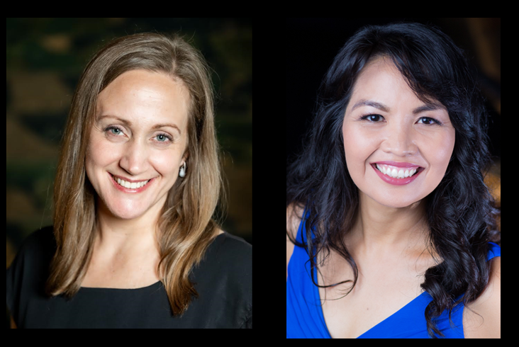 Side by side publicity photos of violinist Lauren Rausch and pianist Ines Irawati