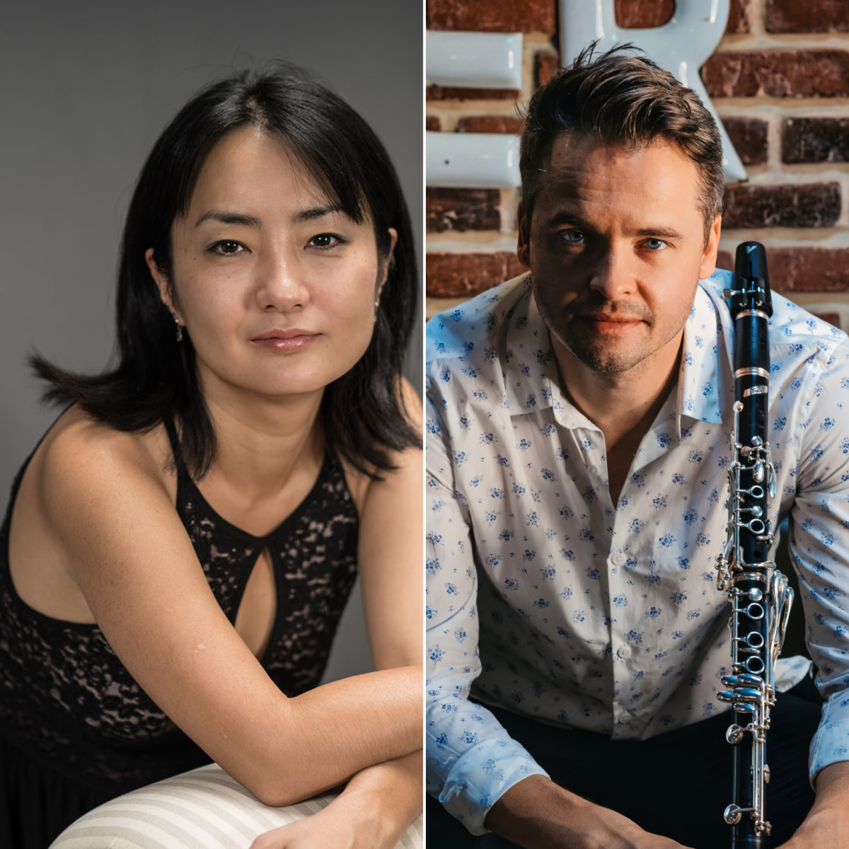 Side by side publicity photos of pianist Riko Higuma and Kliment Krylovskiy holding a clarinet
