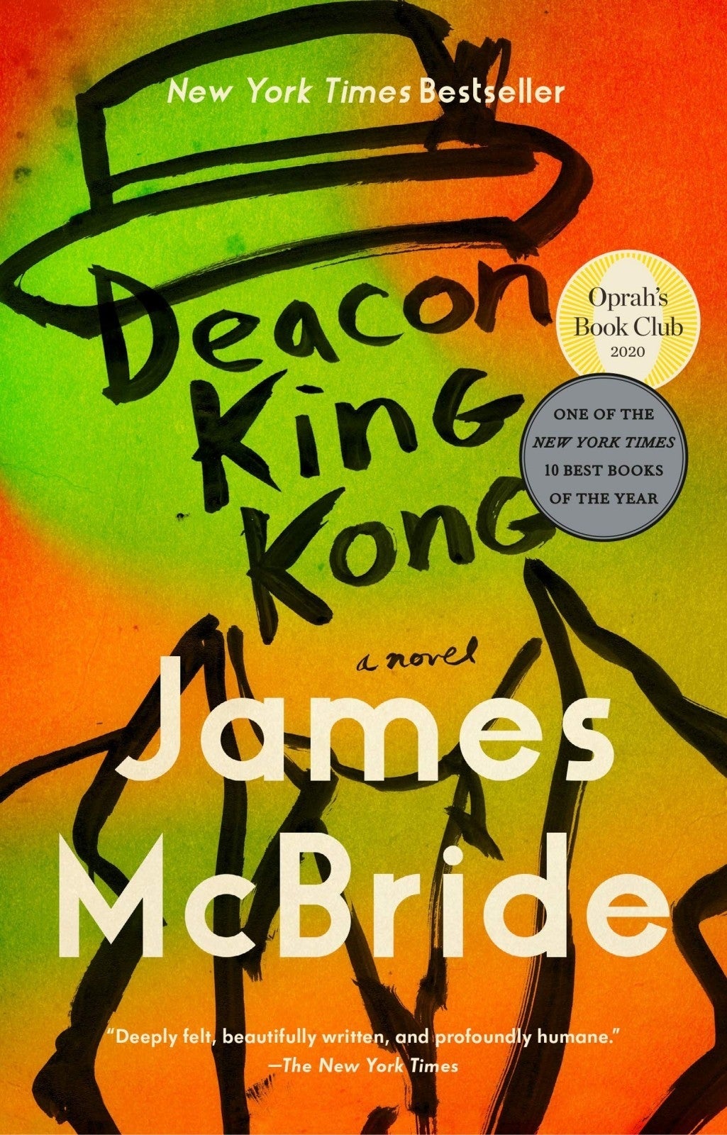 Book Cover of Deacon King Kong: a novel by James McBride. Shows a line drawing portrait of a person in a hat and collared shirt. There is no face but the title text instead.