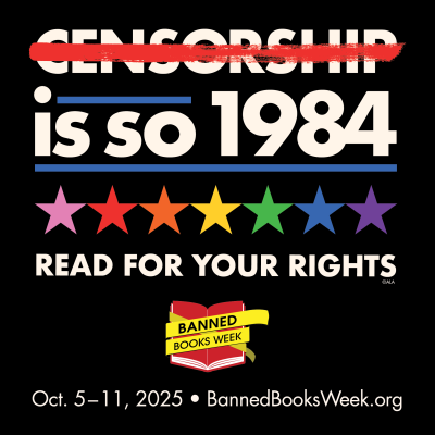 On this Banned Books Week Image there is white letters and numerous stars arranged in rainbow colors with a red book covered in yellow tape.